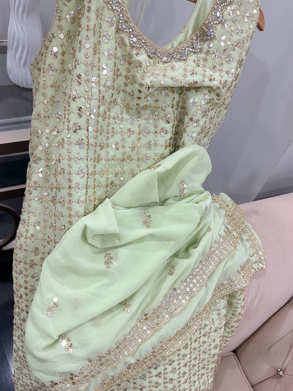 Light Mint Green Embellished Indian Sharara Suit with Gold Sequin Work